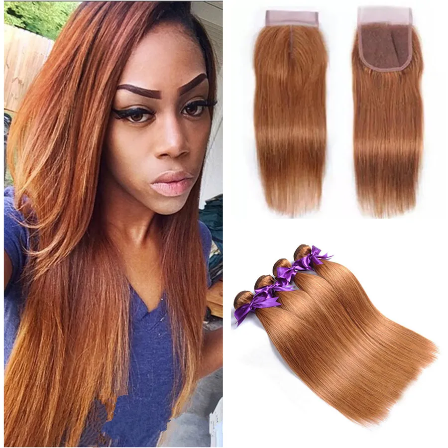 Färg 30 Hårbuntar med spetslåsning Ljus Auburn Rak hår 3 buntar med spetslås Malaysiska Virgin Human Hair Straight Wefts