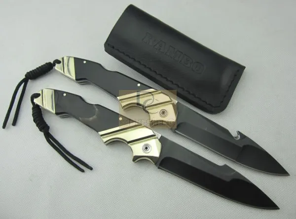 Rambo Big Folding Knife 9CR18mov Black Blade Brass + Hornhandtag med läderskede för jakt Camping EDC-verktyg