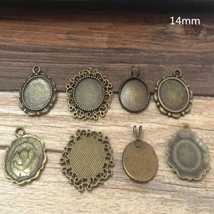 20pcs/lot Mixed style 4style Antique Bronze Flower Round pendant base Cameo Cabochon Base Setting Necklace Penand For Jewlery Making 14*14mm