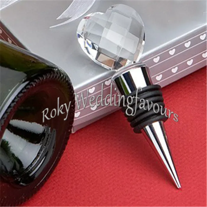 Livraison Gratuite En Gros 100 PCS Élégant Cristal Coeur Bouchon De Vin w Boîte En Argent Barware Favors Bomboniere Anniversaire Événement Fête Cadeaux