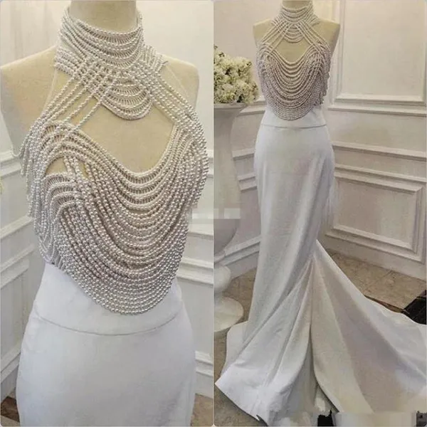 Exquisite High Neck Evening Dress Luxury Beading Pearls Evening Dressess Mermaid Prom Gown Illusion Top Sleeveless Sweep Train