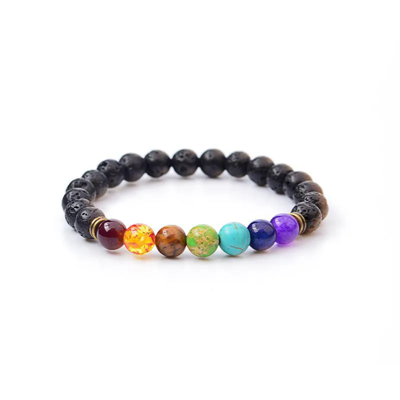 Novas pulseiras de pedra natural de lava negra 7 contas de Reiki Chakra pulseira difusora de óleo essencial para homens e mulheres joias