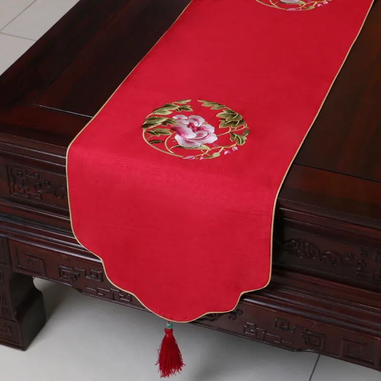 Fin broderi peony bord löpare högkvalitativa matbordsmattor silke brocade rektangel soffbordduk placemat hem dekoration 200x33