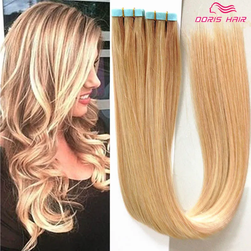 PU Skin Weft 100g Taśma Przedłużanie Włosów 40 SZTUK Full Head # 27/613 Top Grade 8A Indian Taśma w / na Remy Hair Extensions DHL