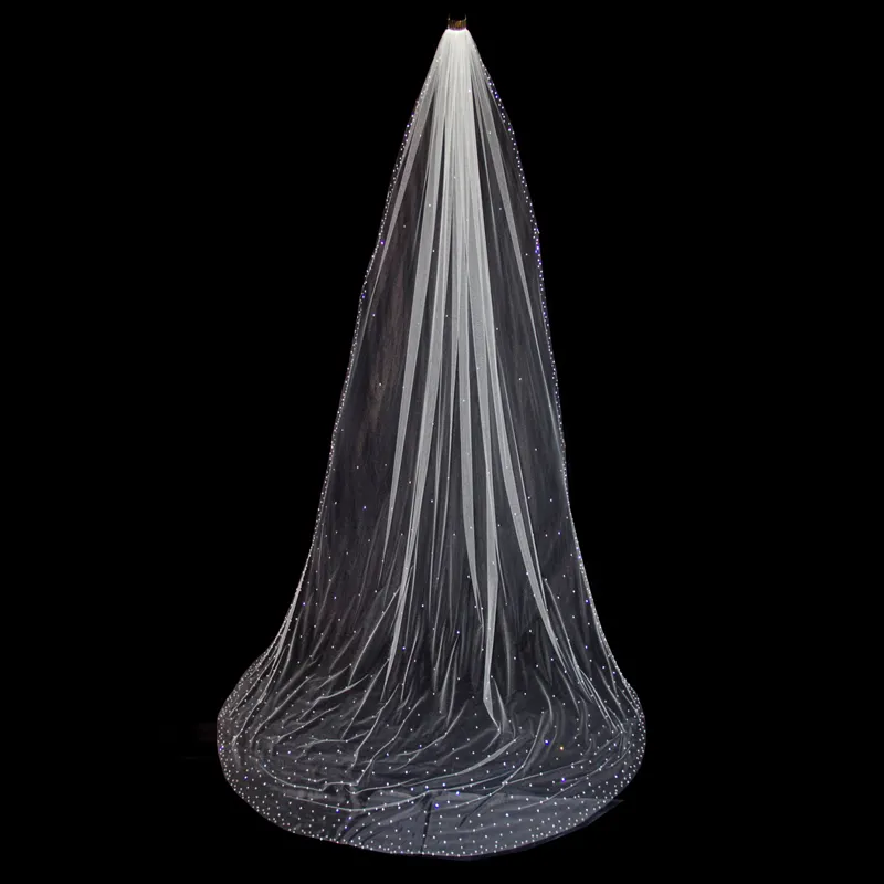 Voile de mariage de longueur cathédrale avec bord en cristal et cristaux dispersés Voiles de mariée Couleurs personnalisées Longueur Strass