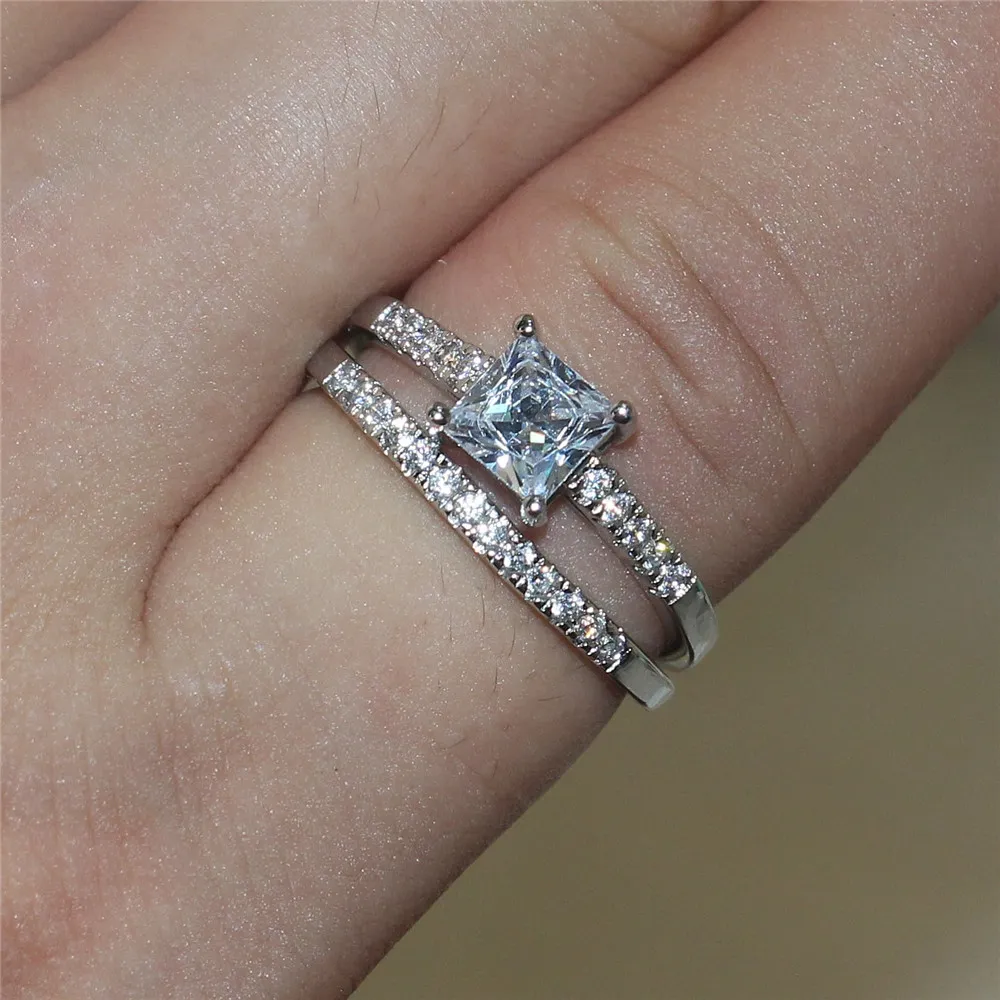 ファッション10ktホワイトゴールド充填スクエアCZシミュレートされたダイヤモンド宝石リングセット結婚式の花嫁バンドジュエリーセット2-in-1