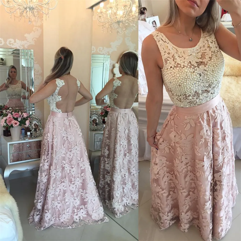 Glamorous Sleeveless Lace Pearls Prom Dresses 2019 Long Party Gowns Two Stones Chiffon A-line Evening Dress vestido de gala largo