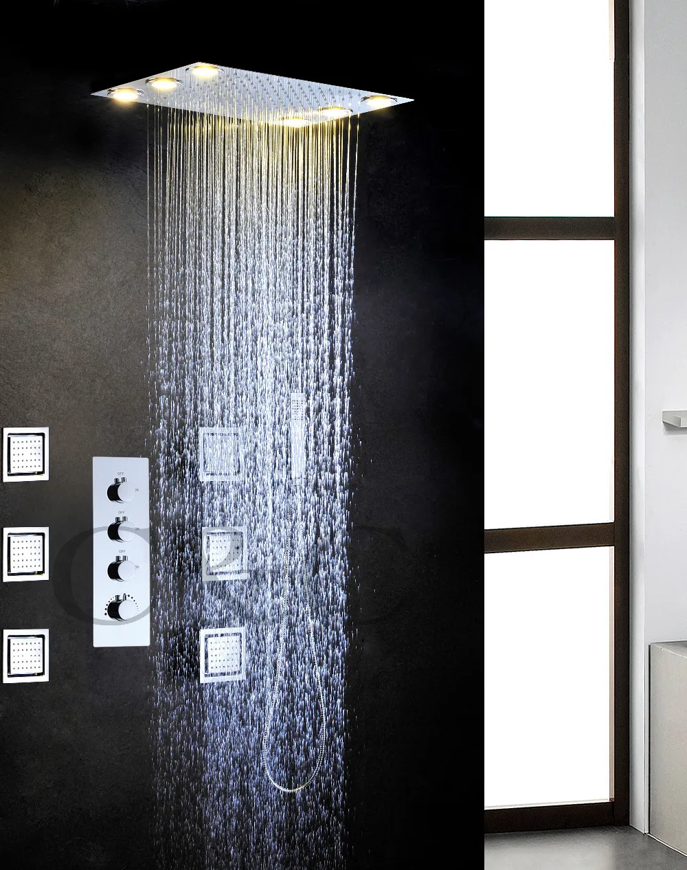 Pluie Salle De Bains Douche Robinet Ensemble LED Jaune Grandes Lampes Tête De Douche 4 Pouces Massage Jets De Pulvérisation 008-50X36L-6MF