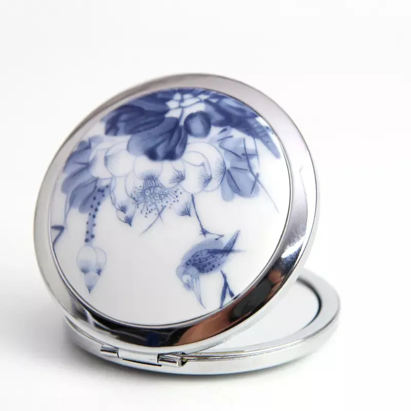 Livraison gratuite beau miroir d'art chinois en céramique et en métal compact maquillage cosmétique portable miroir rond rétro