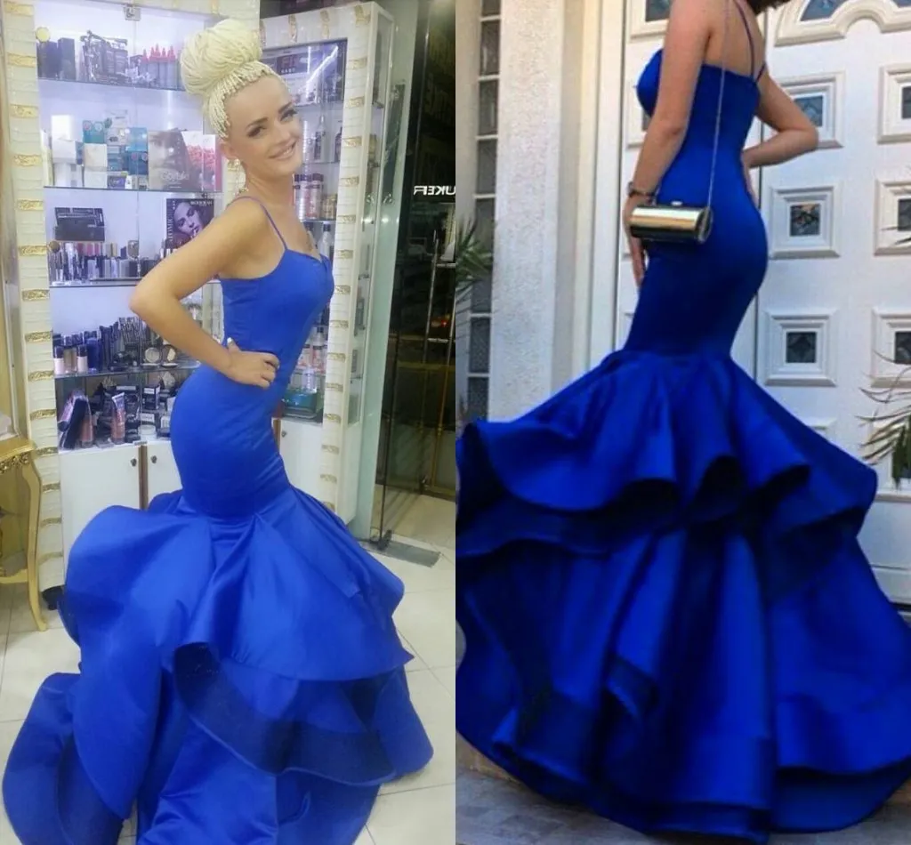 Royal Blue Mermaid Prom Dresses Sweetheart Spaghetti Bandjes Tiered Rok Satijnen Mermaid Avondjurken Formele Jurken