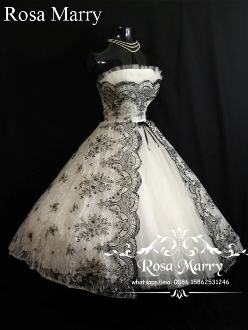 Gótico 1950S Negro Blanco Vestidos de novia cortos 2019 Una línea Sin tirantes Tallas grandes Encaje Barato Longitud de té Country Classic Overskirt Vestidos de novia