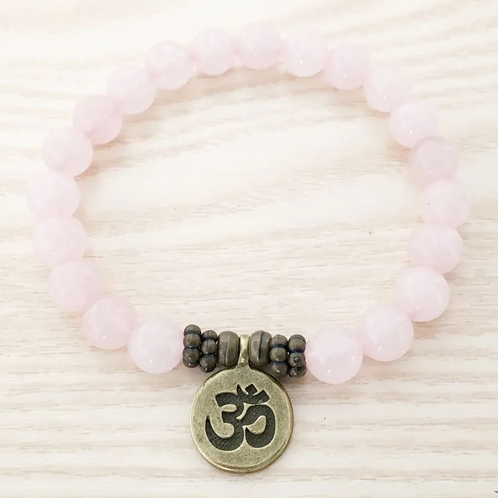 SN1107 Äkta Rose Quartz Armband Antik mässing OM Buddha Lotus Charm Armband Gift för HER300S