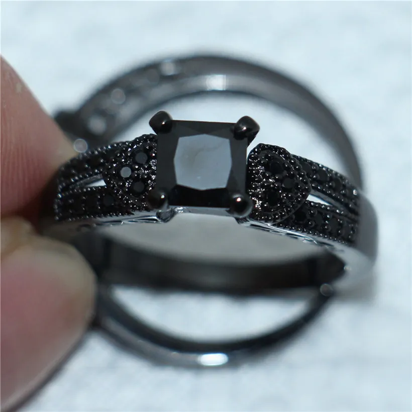 Luxury Black Square diamond ring set 2-in-1 Fashion Jewelry 10KT Black gold filled wedding ring for women size 5-10