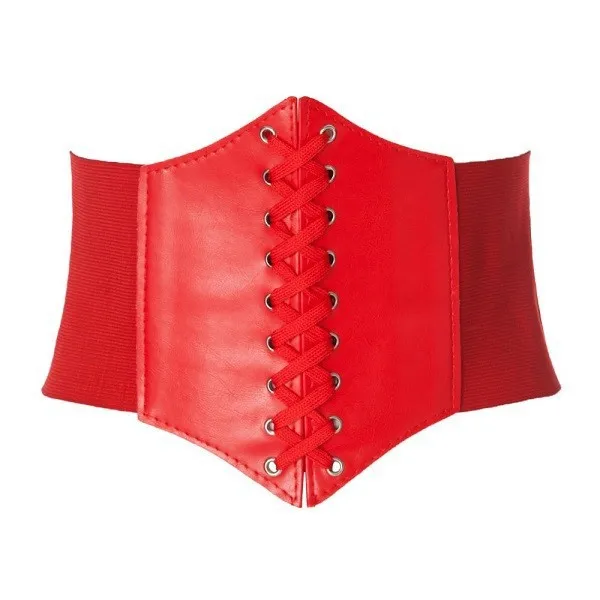 Women Waist Cincher Wide Band Elastic Tied Waspie Corset Pu Leather Belt  Body Shaper