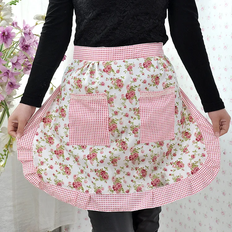 Women Housewife Short Waist Ruffled Floral Print Apron With Two Pockets Cooking Cotton Apron Bib For Restaurant Home Kitchen ZA0879