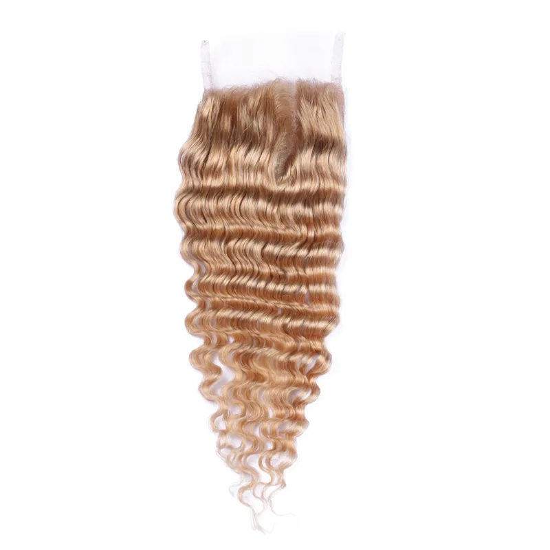 Hot Sale Honey Blonde #27 Malaysian Deep Wave Human Hair Bundles With Lace Closure Free Part #27 Lace Closure With Hair Weaves