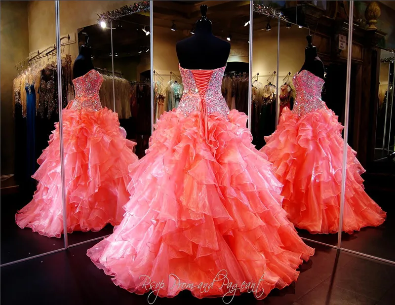 Coral Ball Gown Strapless Beaded Sweetheart Bodice Lace up Back Full Ruffled Shirt Quinceanera Dress Crystals Pageant Dresses