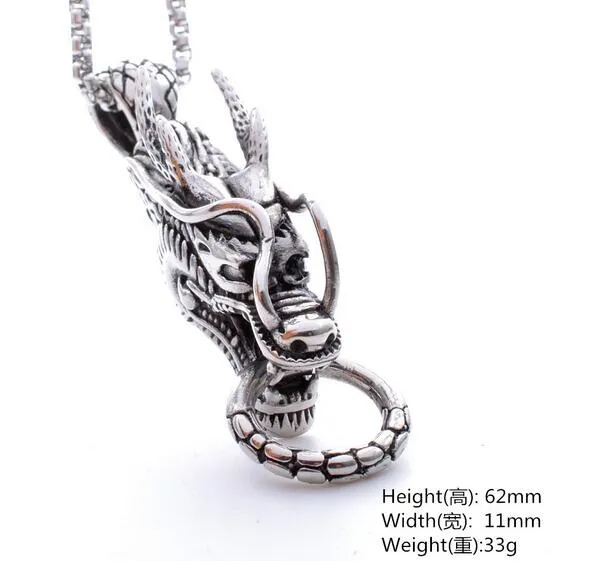 Style Punk Casting Biker tête de dragon pendentif haute qualité argent acier inoxydable collier gothique avec chaîne de boîte 3mm 24'288M