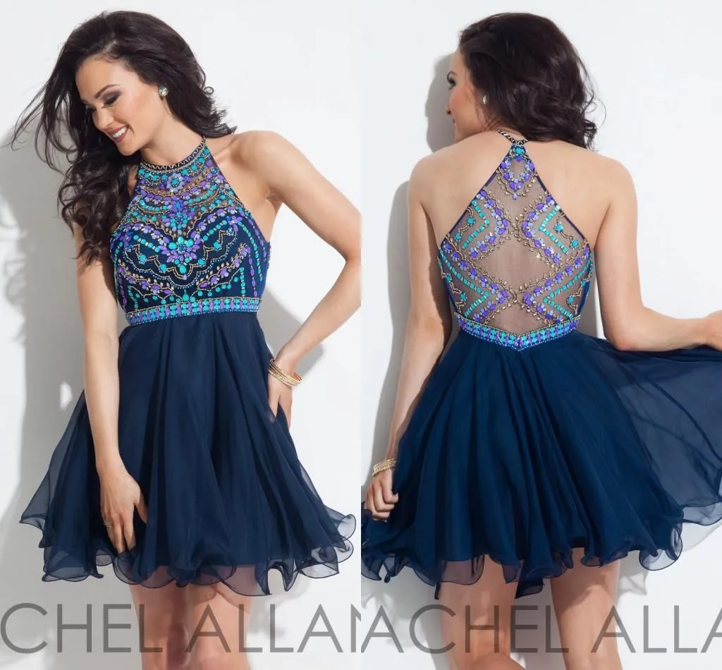 Perline Abiti da ballo Abiti blu da ritorno a casa Abito da laurea di ottava elementare Dolce 16 Strass Perline Top Gonna in chiffon Halter Custom Made