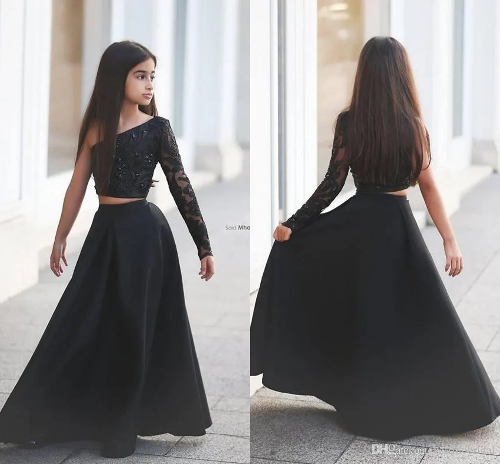 2020 Nowe Skromne Dziewczyny Korowiny Sukienki Dwa Kawałki Jedno Ramię Koraliki Czarny Sexy Flower Girl Dress Dla Dziecko Nastolatki Party Tanie Made Custom