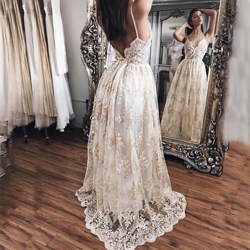 Fashion Sexy Backless Wedding Dress Spaghetti Straps Champagne Lace Appliques Ivory Bohemian Wedding Dresses Bridal Gowns Sweep Tr293p