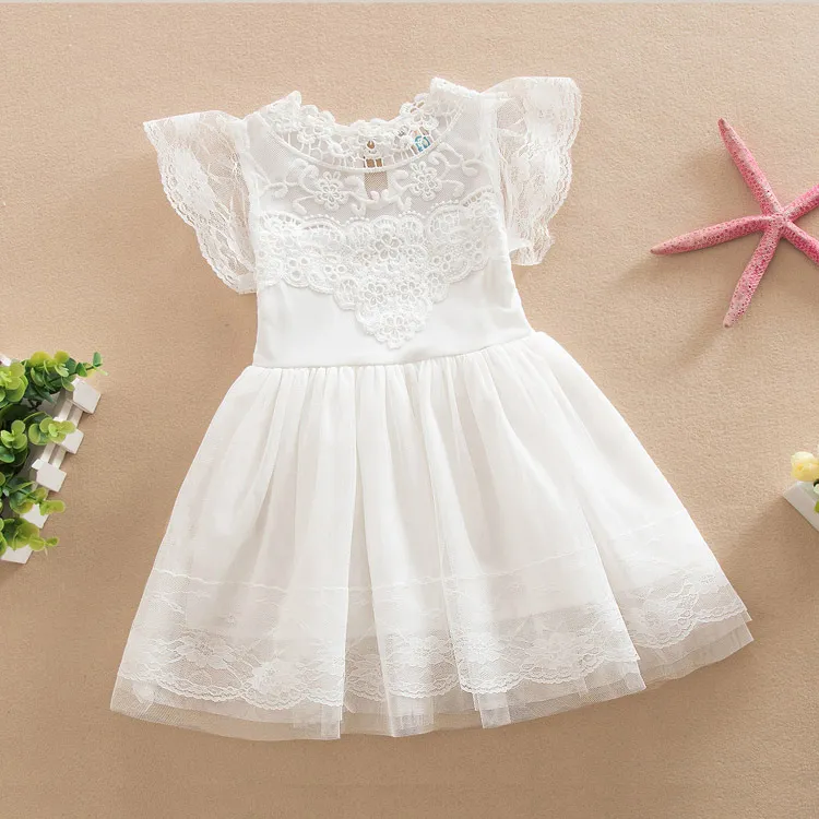 2016年の最新デザイン赤ちゃんガールズドレス子供夏の服の半袖レースの花のメッシュドレス女の子子供のブティック