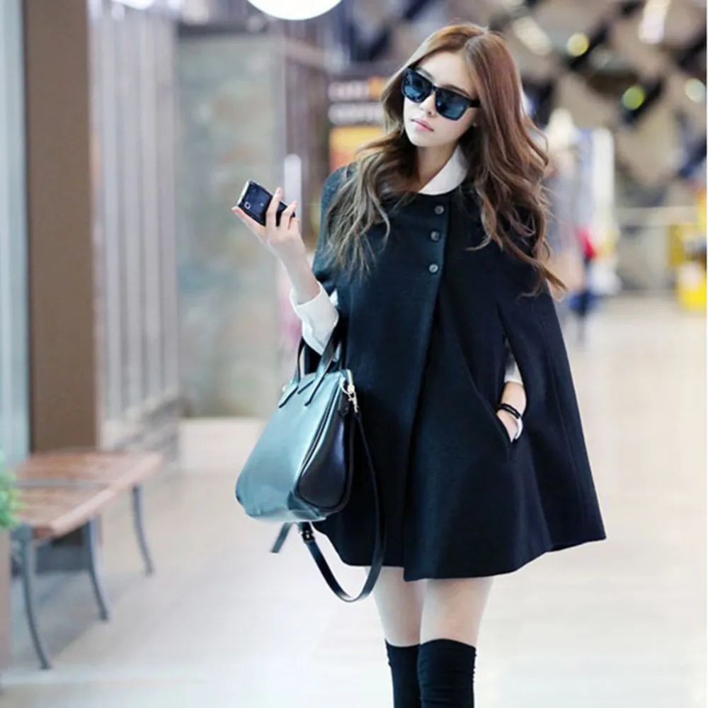 Оптово-Новые новые корейские женщины Batwing шерсть повседневная пончо зима теплая пальто куртка свободных плащ накидка черное оружие Manteau Femme Plus размер