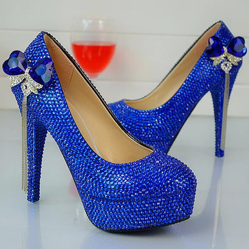 Handmade Fashion Royal Blue Rhinestone Wedding Shoes Round Toe Slip-on High Heel Stilettos Prom Party Pumps Plus Size 44 45