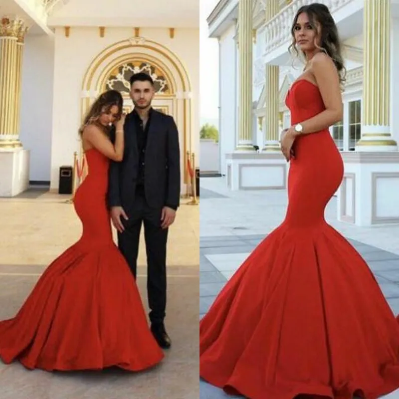 Bescheiden 2017 Red Satin Mermaid Prom Jurken Lange Arabische Sweetheart Rits Back Puffy Formal Avond Party Town Custom Made China EN9272