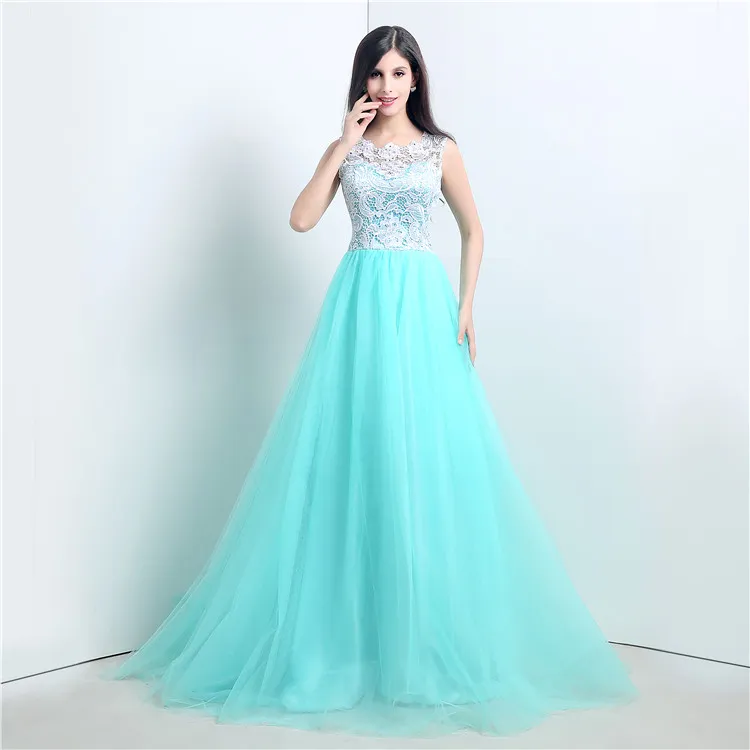 2021 Ny lager Sexig lång A-Line Mint Green Lace Evening Dresses Approps Tulle Floor-Length Prom Party Gowns