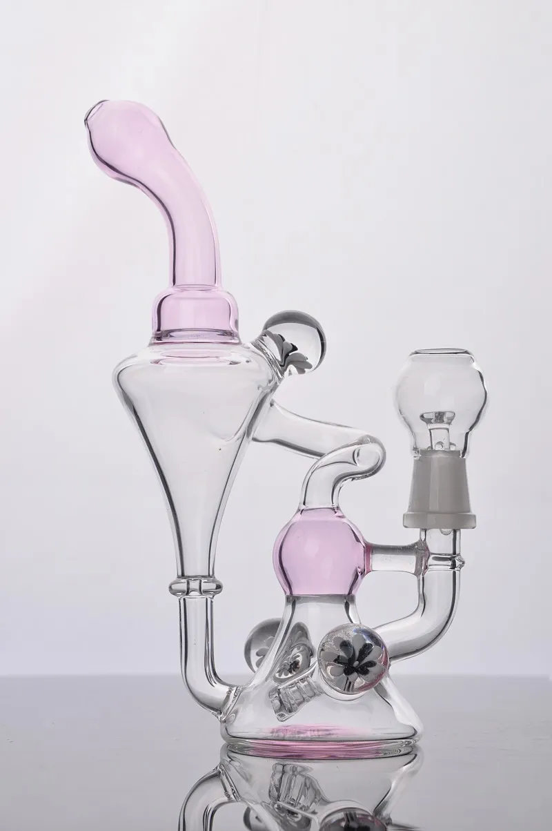 Pink Recycler Bongs Flower Decor Chamber Oil Dab Rig Hand Blown Cone Base Glass Water Pipes 14 mm Glass Bowl Free Shipping