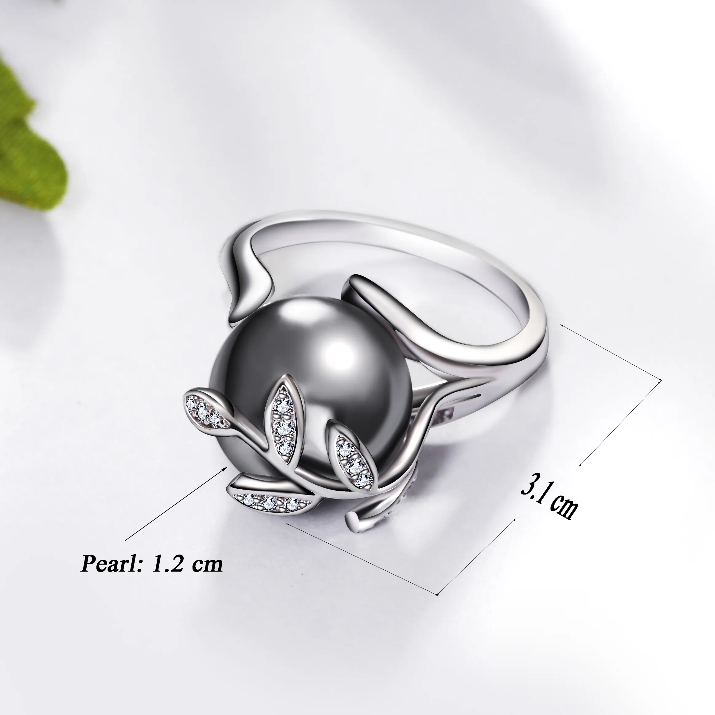 Trendy Rose Gold Color ring Big Gray Pearl Women Leaf Trendy jewellery dropshipping anel anillos aneis bagues femme statement jewelry