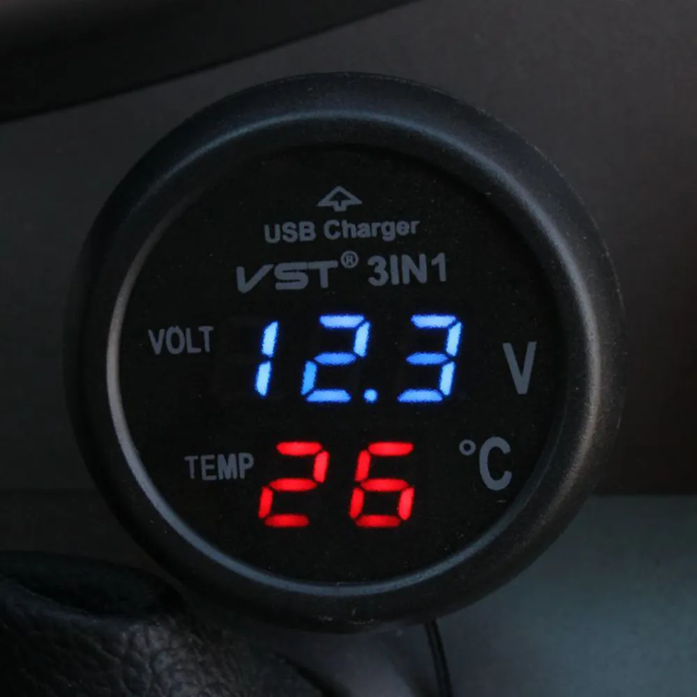 3 I 1 VST-706 Digital LED-bilvoltmeter Termometer Auto Car USB-laddare 12V/24V Temperaturmätare Voltmeter Cigarettändare