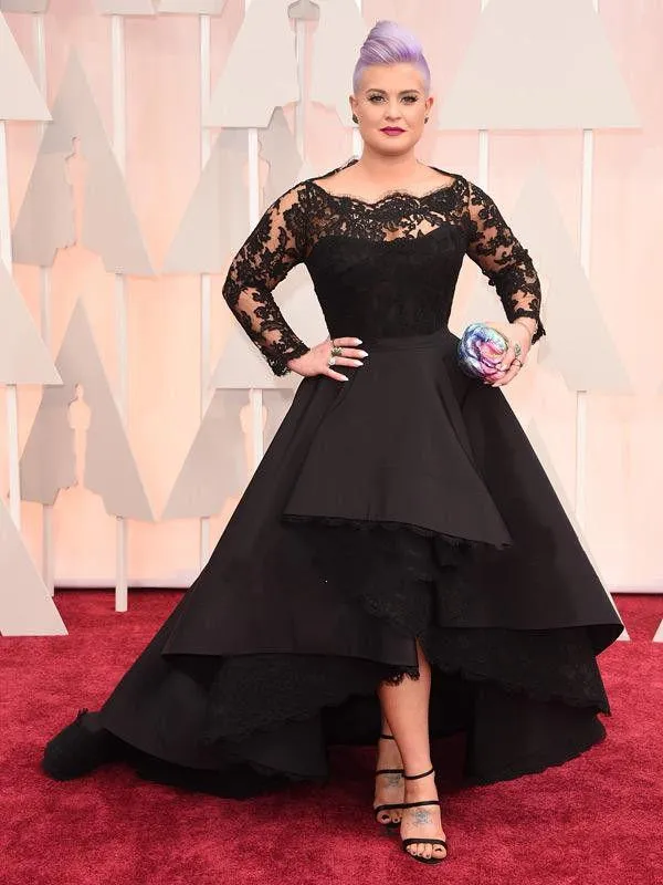 Hoge Lage Plus Size Formele Jurken Sheer Lace Bateau Lange Mouwen Oscar Kelly Osbourne Avondjurken Black Ball Moeder Van De Bruid 200S