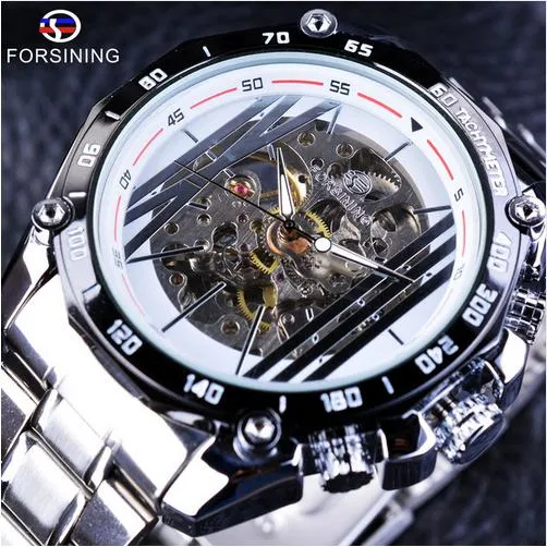 Forsining Military Sport Design quadrante scheletrato trasparente orologi da uomo in acciaio inossidabile argento orologi automatici di lusso delle migliori marche262n