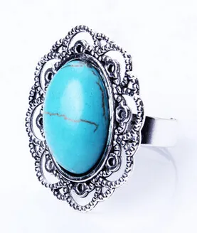 Turquoise Oval Shape Women Ring Adjustable Fashion Alloy Antique Cool Stone Jewelry Wholesale Gift Party European