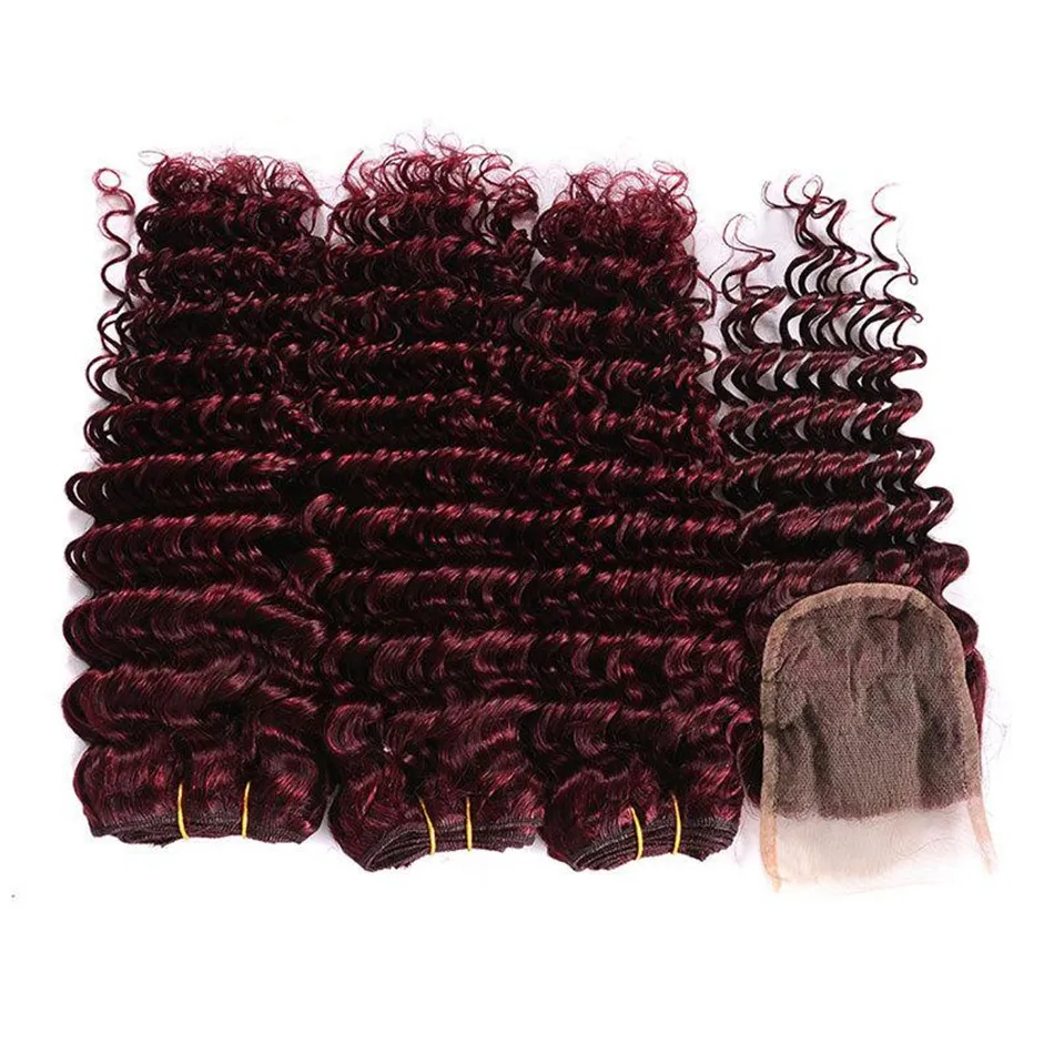 Paquets d'armure de cheveux humains brésiliens entiers 99j fermeture de dentelle bordeaux avec paquets 8a paquets de cheveux de vague profonde remy avec 44 dentelle c2522710