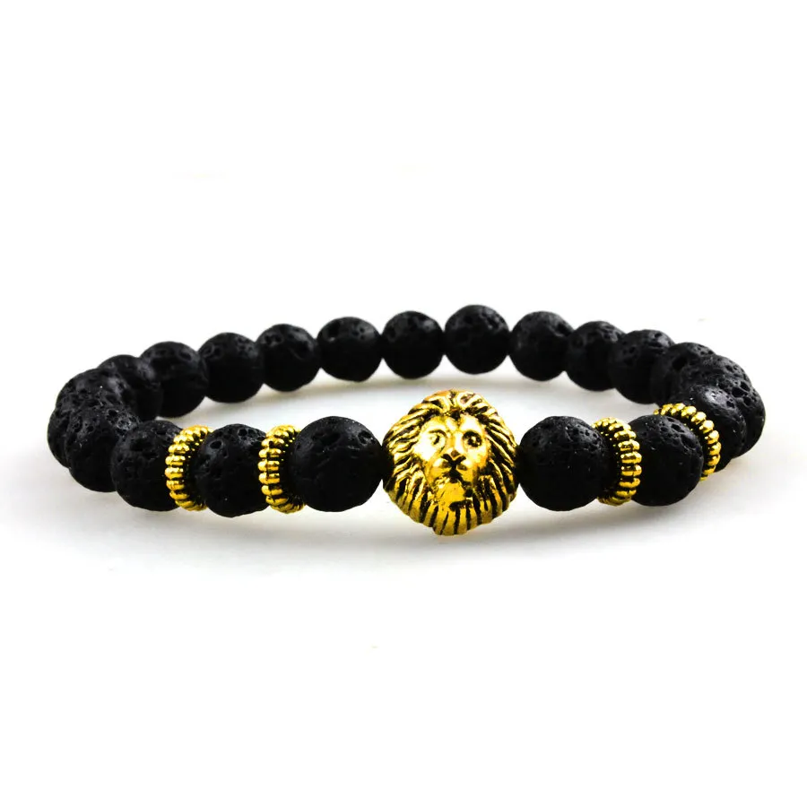 SN0629 Gouden Leeuw Hoofd Armband Mannen Fancy 2016 Lava Rock Stone Beaded Armband Gouden Sieraden Natuursteen Armband