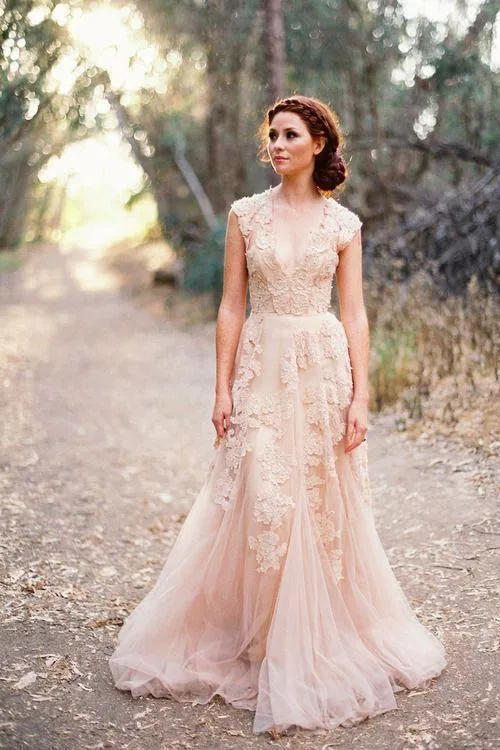 Blush Pink Lace Applique Tulle Sheer Wedding Dresses Summer Beach Cheap Vintage Reem Acra Latest Coral Wedding Bridal Dress Gowns From 150 68 DHgate