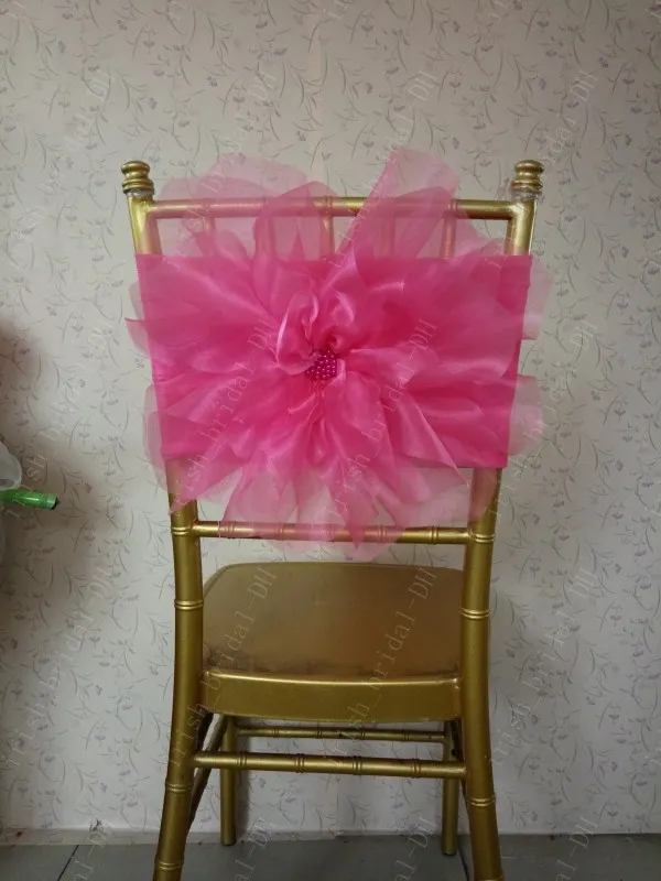 2016カスタムメイドの3Dフラワープラムチェアカバーロマンチックなオーガンザ美しい椅子サッシ安心な結婚式の椅子装飾0332