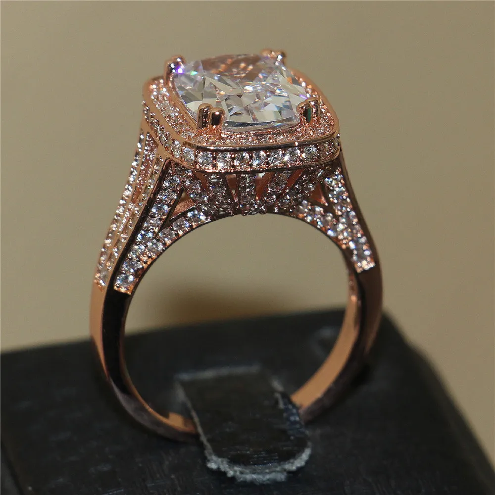 Luxe 925 Sterling Zilver en Rose Gold Filled Pave Instelling 192 Stks AAA CZ Setting 8CT Square Gemstone Rings Iron Tower Trouwring vinger