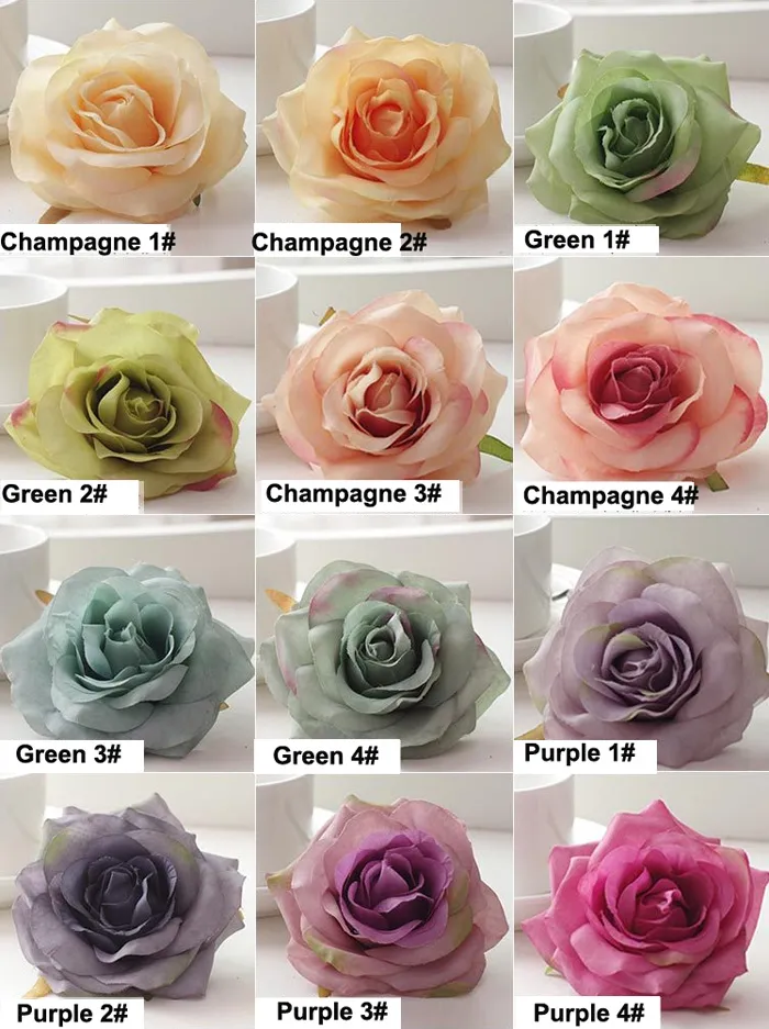 50 unids Luxury Oil Color Seda Cabezas Rosa Rosa Artificial Satin Blue Cabezas de rosa 4.2 pulgadas para la decoración de la boda de la pared de la flor del exterior