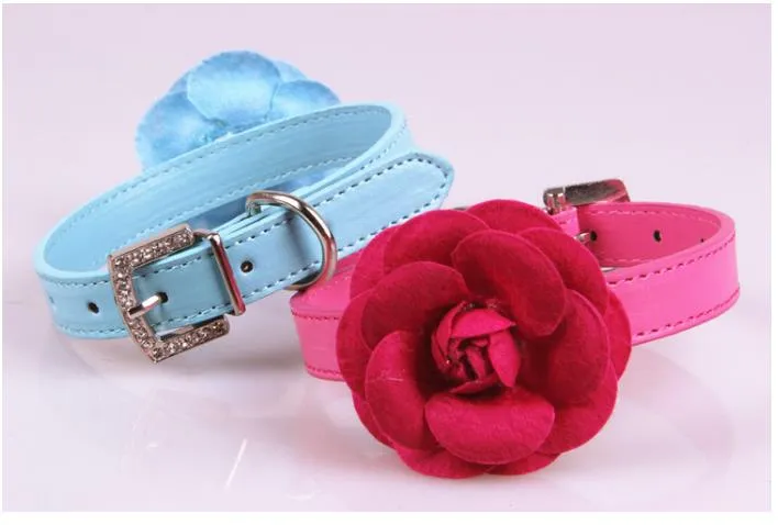Welpenhalsbänder, große Samtblume mit PU-Leder, Hundezubehör, rosa, rot, lila, blaue Rose, Halsband für Hunde