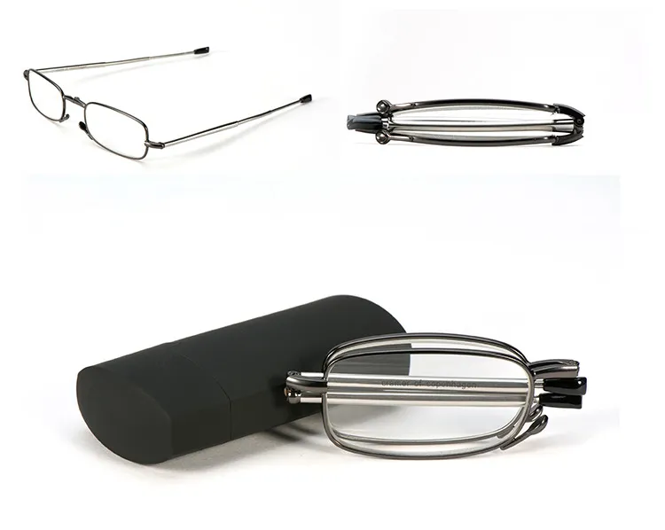 Homme femme tube pliant en acier inoxydable voyage affaires petites lunettes de lecture avec étui force de puissance + 1.00 2.00 2.50 3.00 3.50 4.00 cadeau