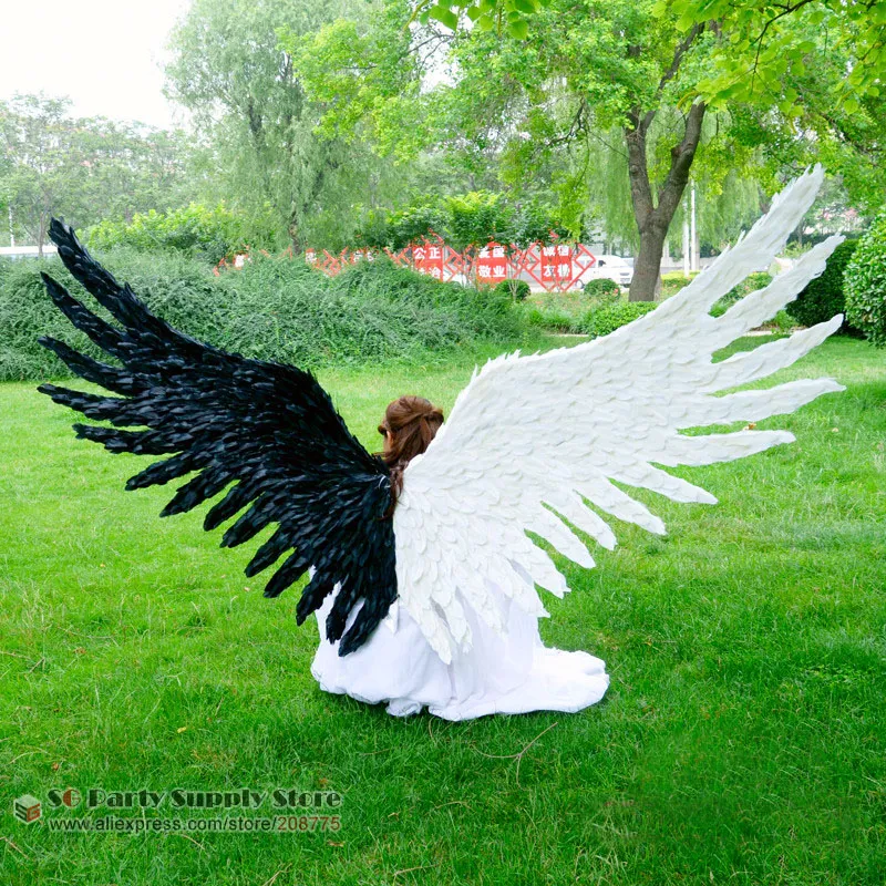 Grandes ailes pour adultes, accessoires de décoration de fête, jeux de Cosplay, ailes de diable en plumes noires et blanches, faites à la main, EMS, livraison gratuite