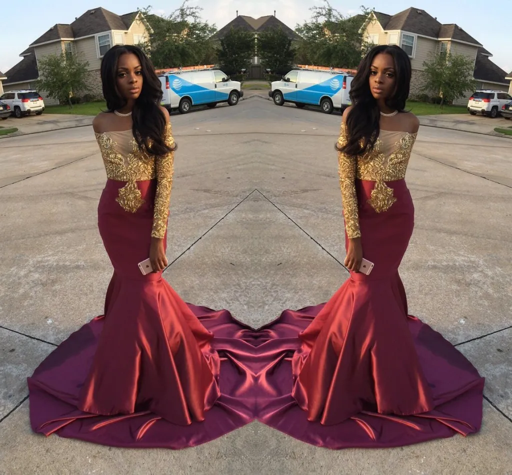 Charming African Style Off Shoulder Prom Dresses 2016 Gold And Burgundy Evening Gowns For Black Girls Long Sleeve Sweep Train Formal Dresses