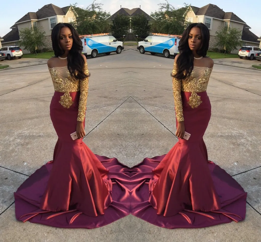 African Style Off Shoulder Long Sleeve Prom Dress with Sweep Train in Gold  and Burgundy from Dhgate Prom Dresses - price 123.62