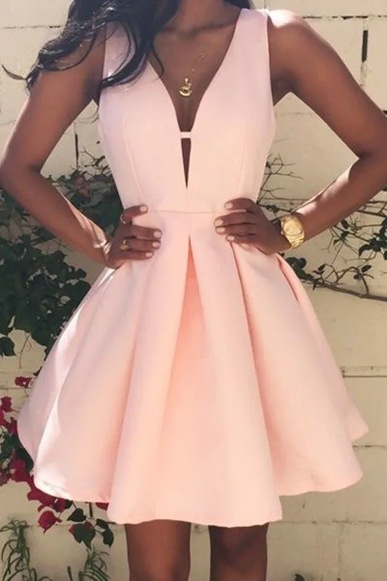 Pink Plain Pleated Zipper V Neck Sleeveless Sexy Homecoming Cute