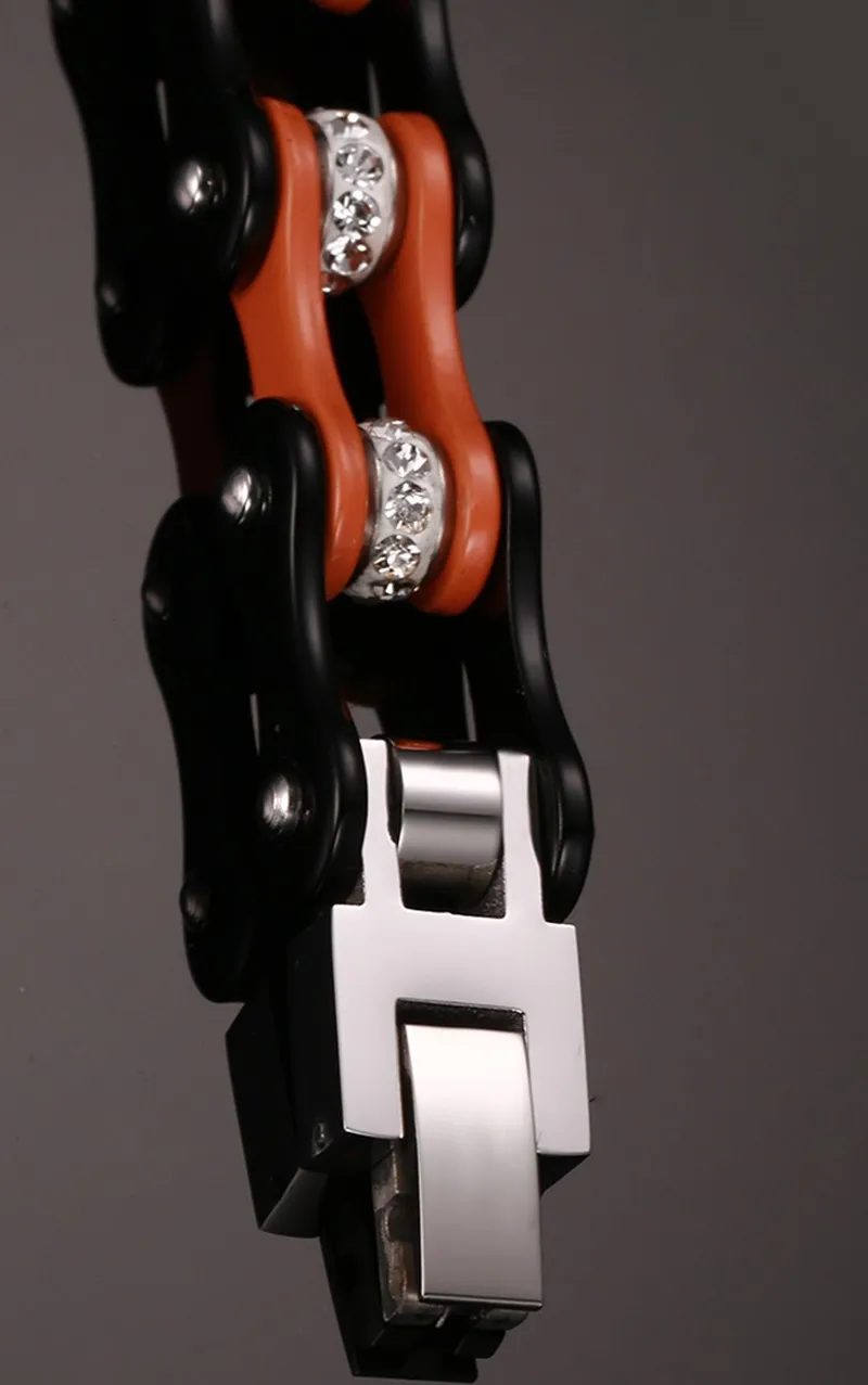 Hommes mode acier inoxydable strass bracelet Biker vélo chaîne manchette Racelet bracelets bijoux à la mode orthèse dentelle Orange/noir
