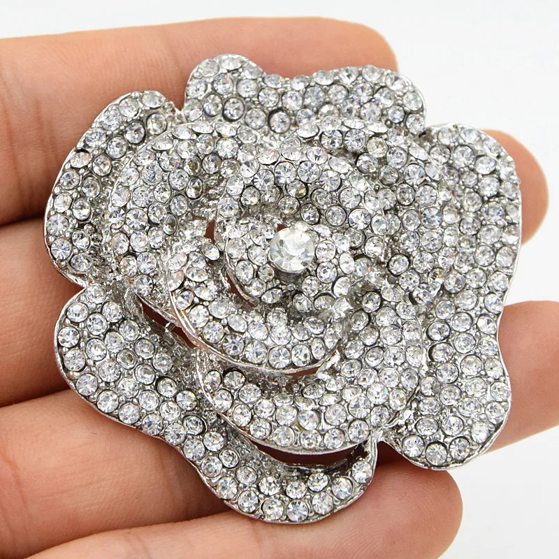 2.4 Inch Huge Rose Brooch Sparkling Clear Crystals Large Round Rose Brooch Wedding Women Brooch Pins Hot Selling